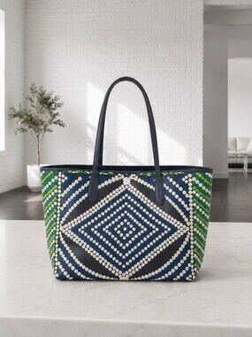 orYANY Navy Tote with Green and White Dot Pattern